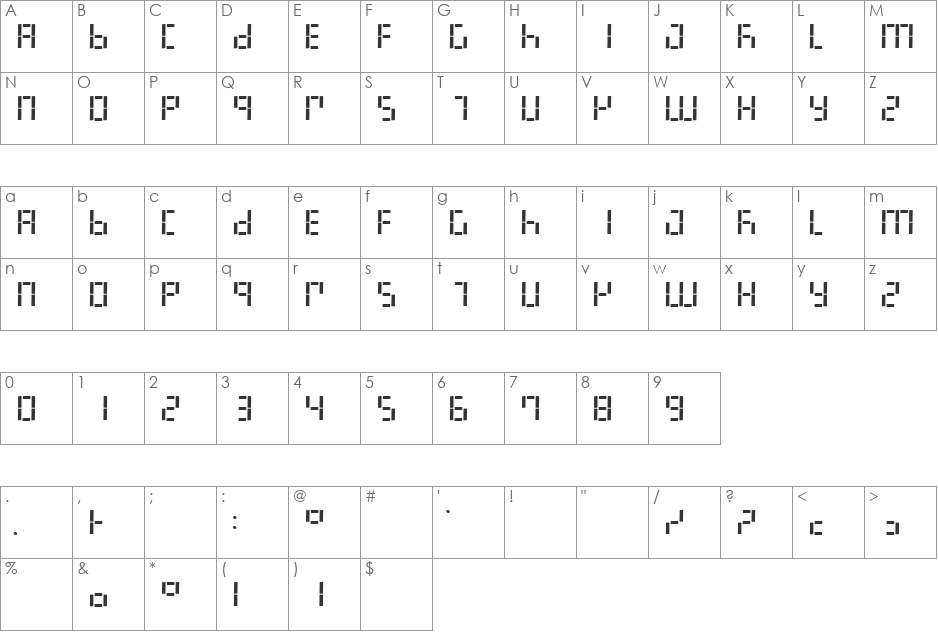 LED Digital 7 font character map preview