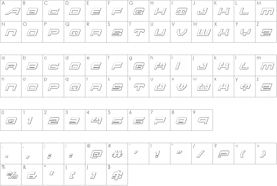 Atlantia 3D Italic font character map preview