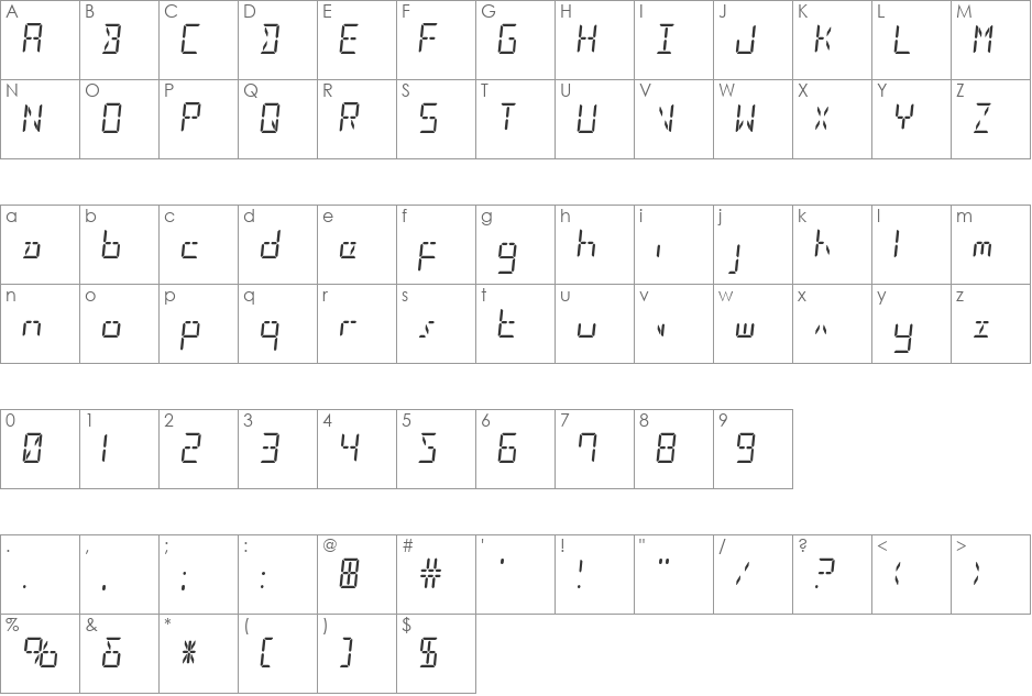 LED Sled Straight Expanded font character map preview