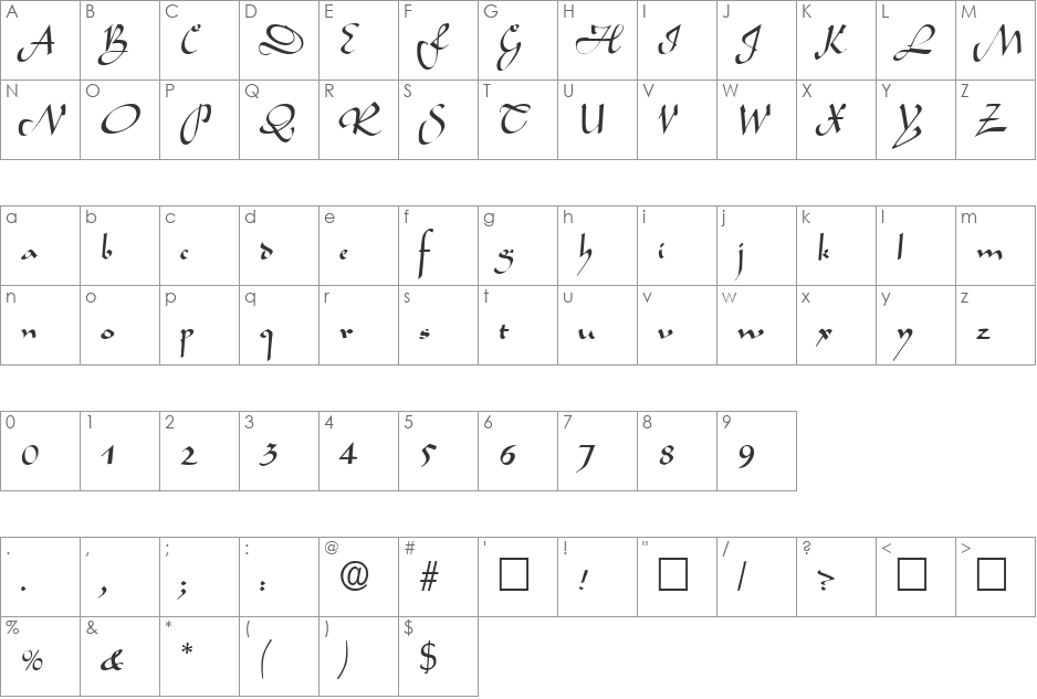 Legende font character map preview