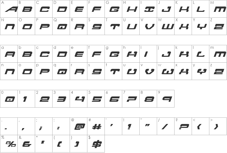 Atlantia Expanded Italic font character map preview