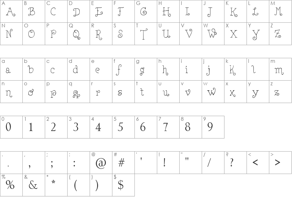Lejana font character map preview