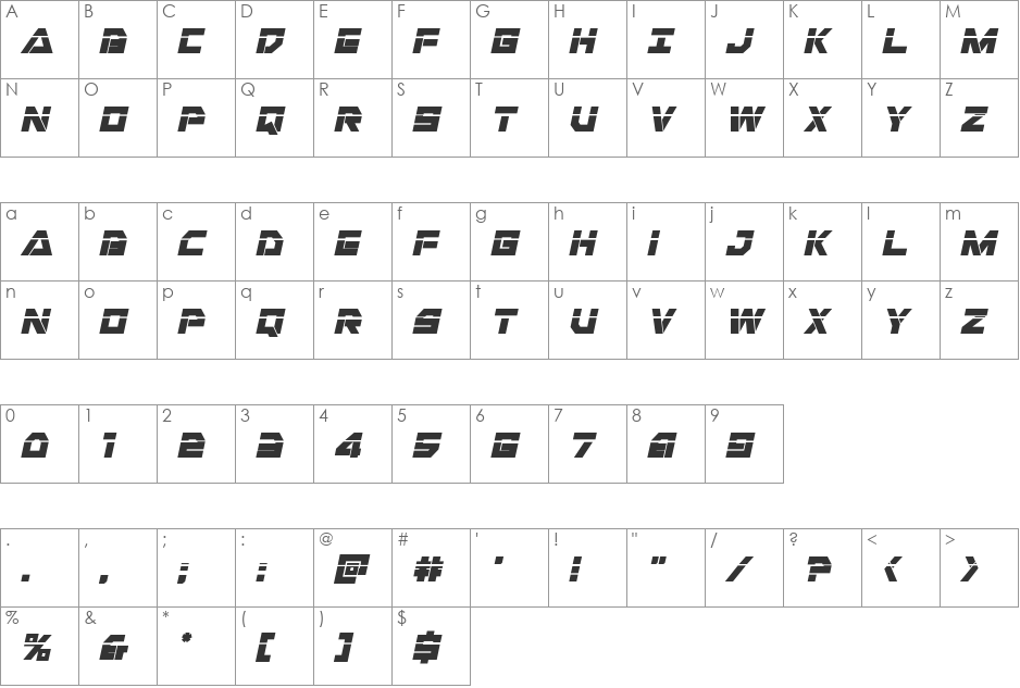 Liberty Island Laser Italic font character map preview