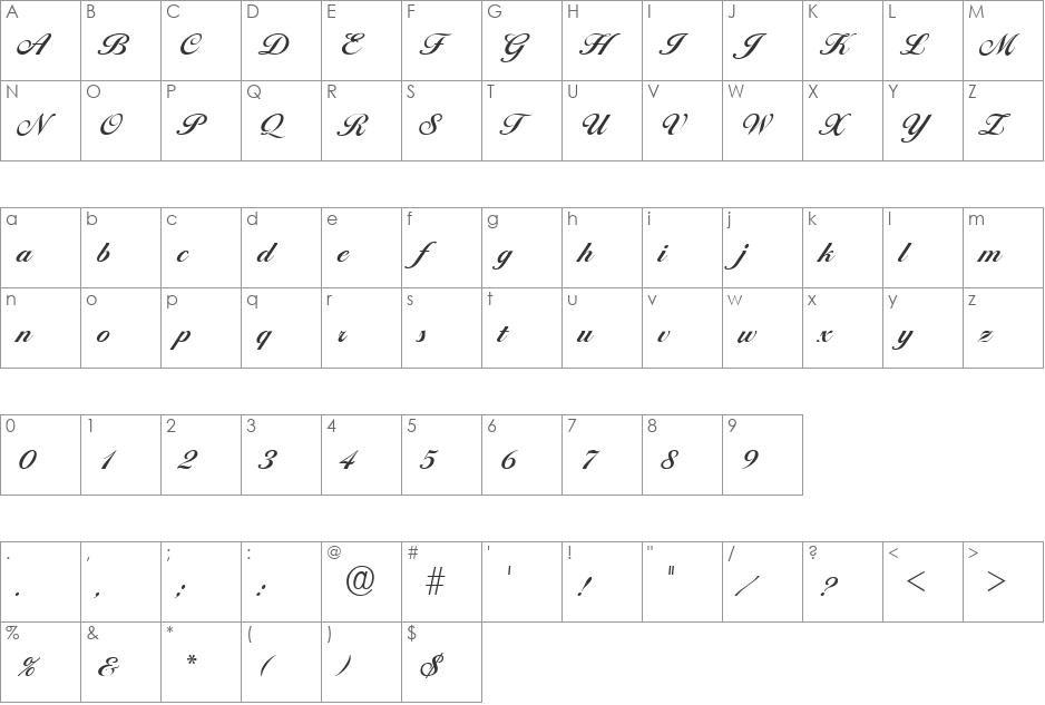 Liffey Script SF font character map preview
