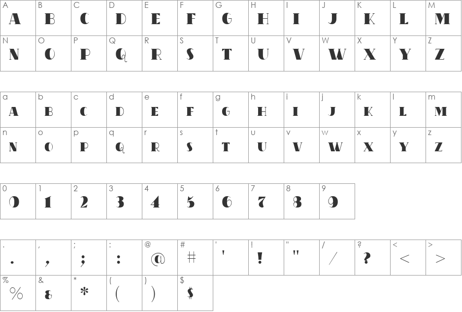 Attention font character map preview