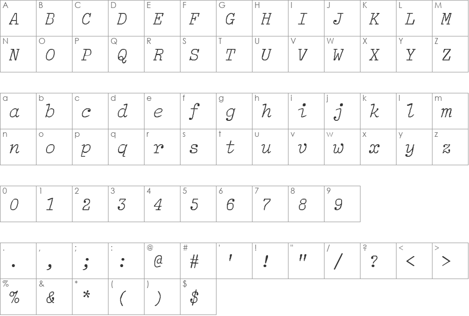 LightItalic-Lig font character map preview