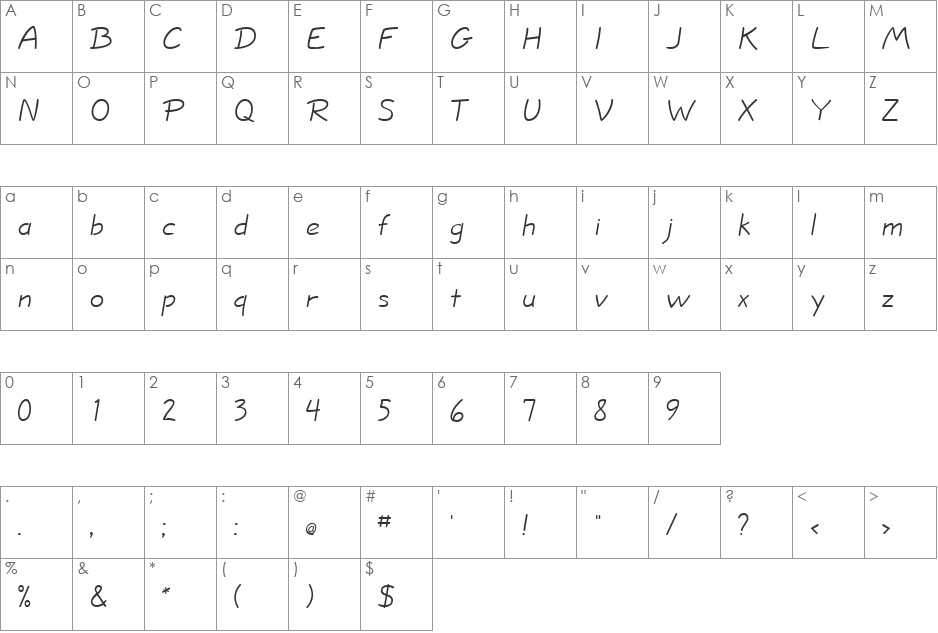 LightWrite font character map preview