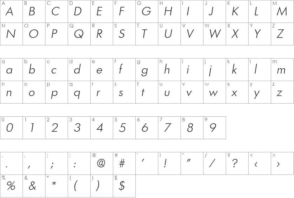 Limerick-LightIta font character map preview
