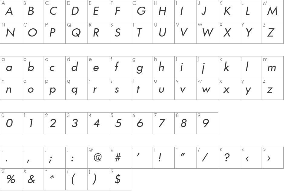 Limerick-RegularIta font character map preview