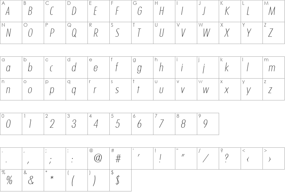 Limerick-XlightCondIta font character map preview