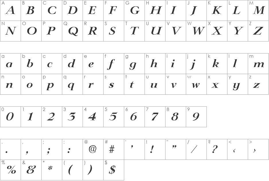 Lingwood-DemiBoldIta font character map preview