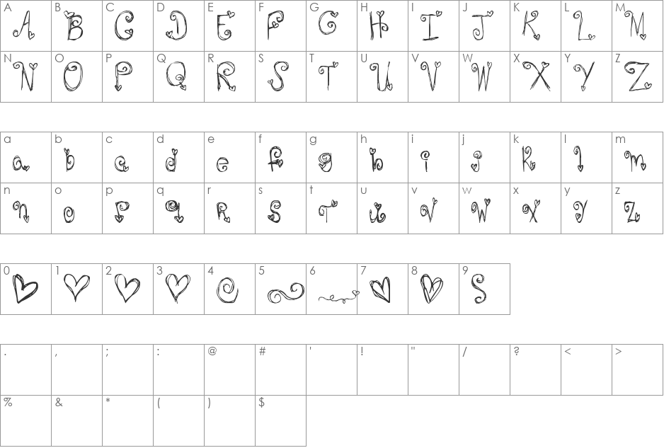 Audra Hearts font character map preview