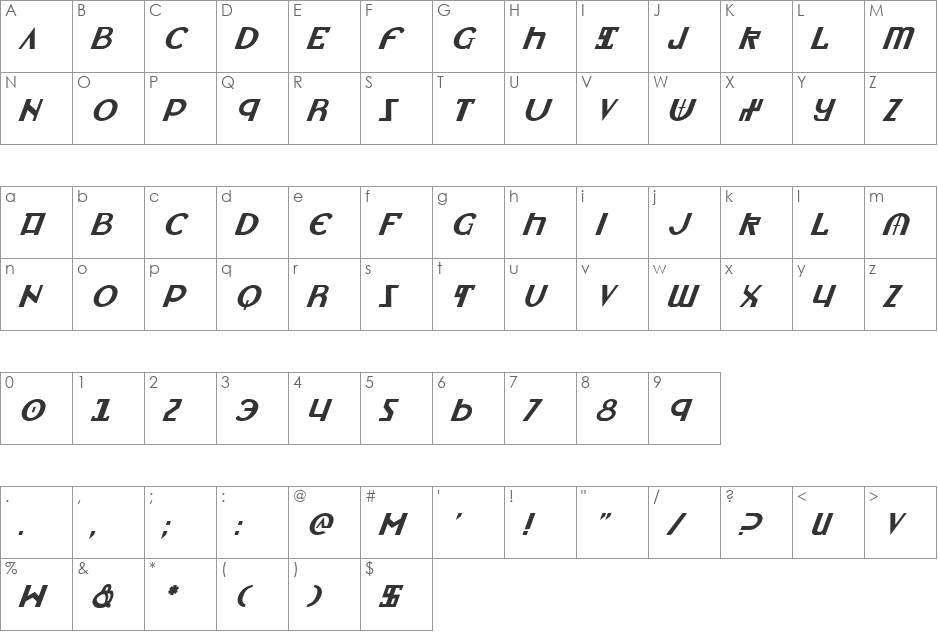 Lionheart Italic font character map preview