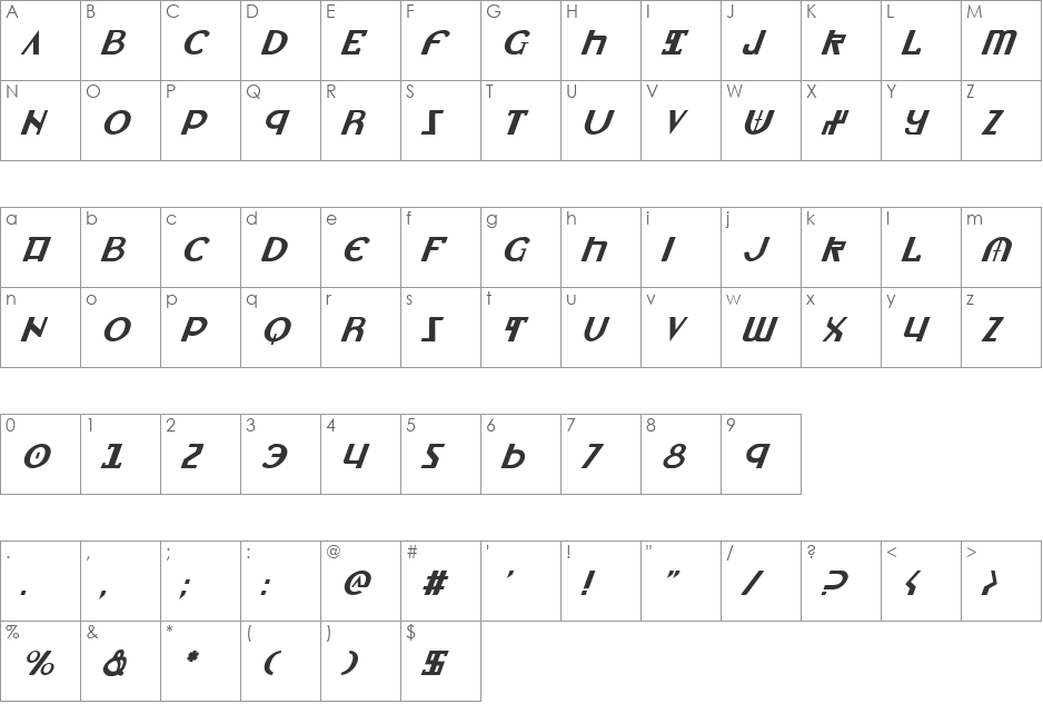 Lionheart Italic font character map preview