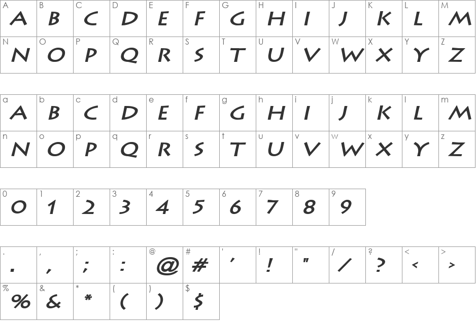 Liste Wide font character map preview