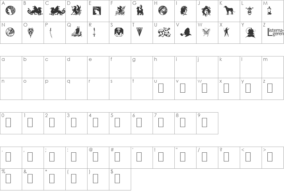 Listemagerens Dingbats 1 font character map preview