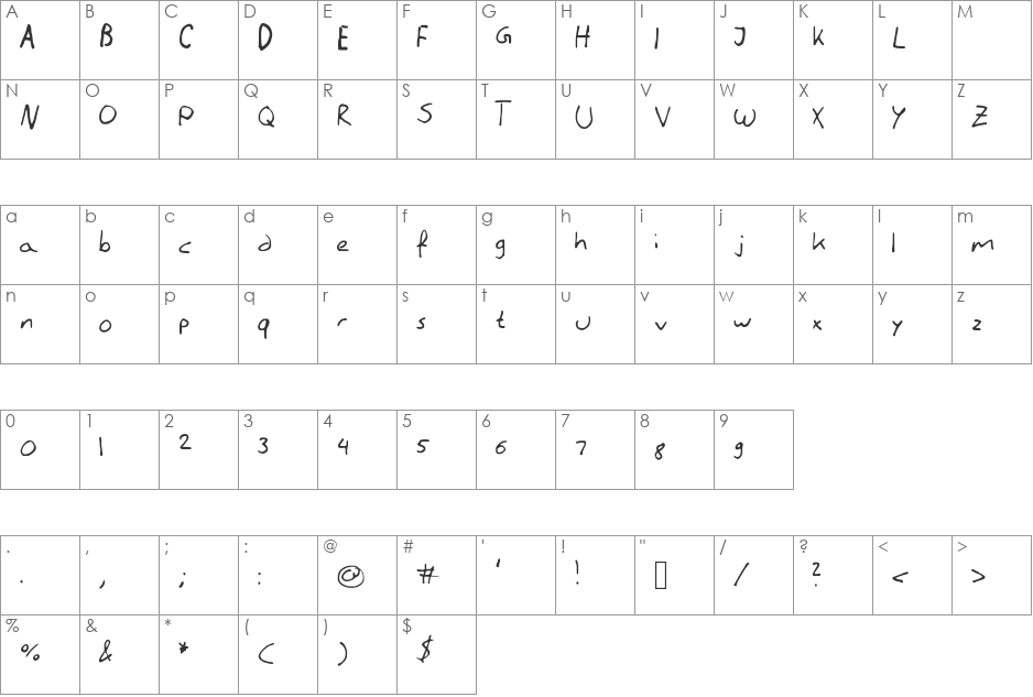 Literally Handwriting font character map preview