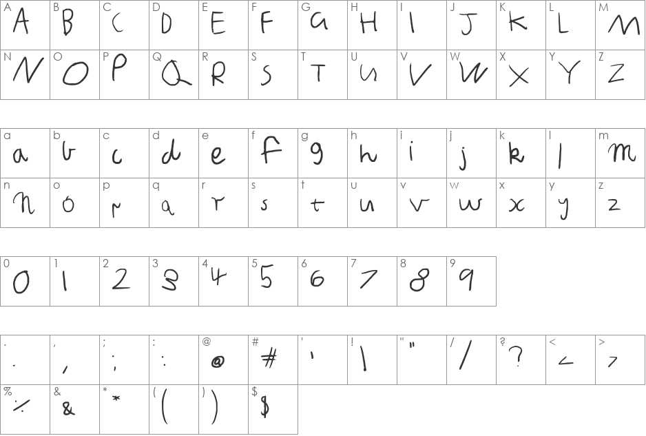 Little sister's writing font character map preview