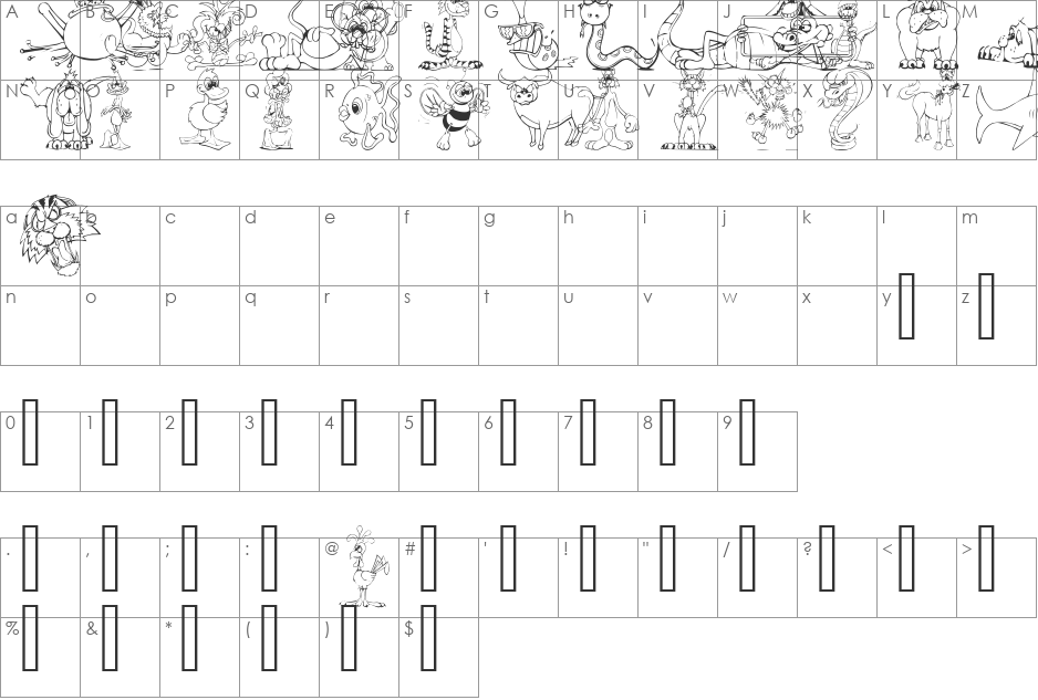 LM Animal Toons font character map preview
