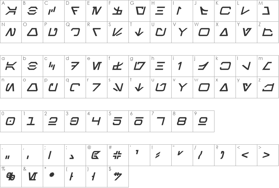 Aurebesh font character map preview