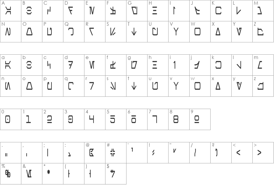 Aurebesh Condensed font character map preview
