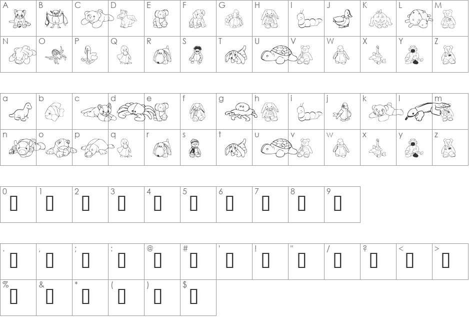 LMS Ty Buddies Dingbat font character map preview