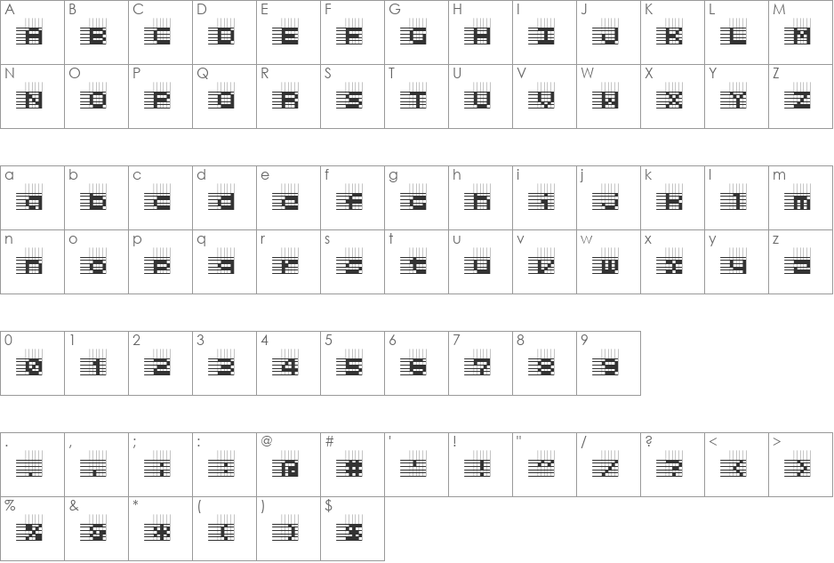 Logic twenty-five Q font character map preview