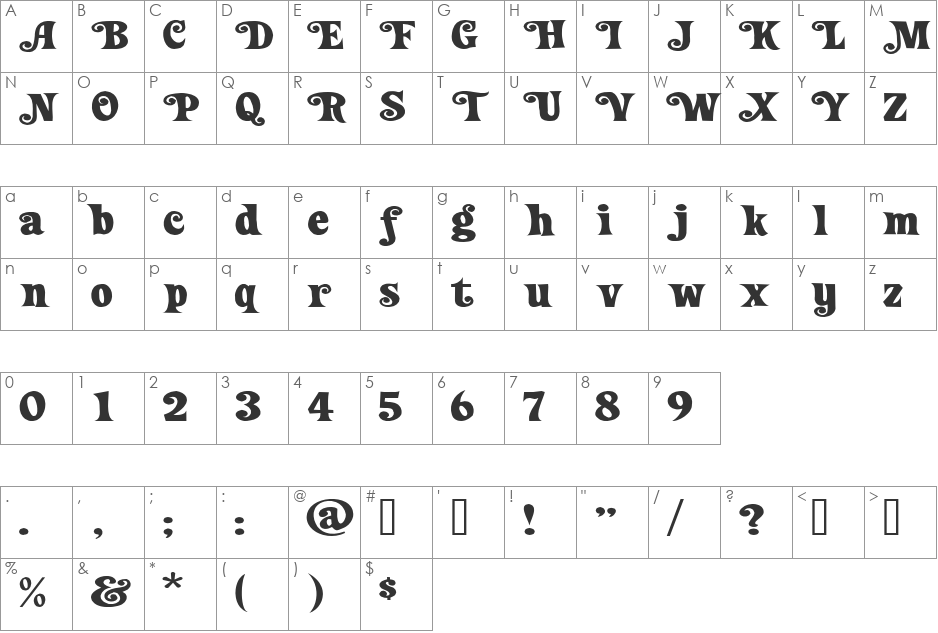 Loose New Roman Wide Swash font character map preview