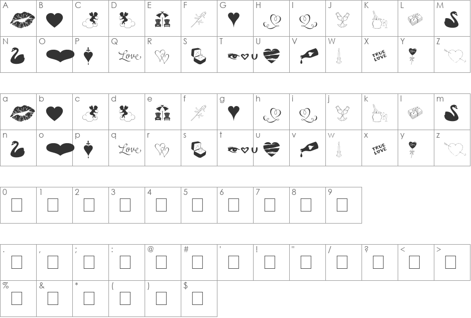 Love Romance font character map preview