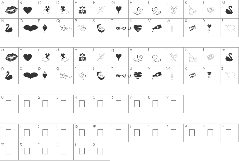 Love Romance OT font character map preview