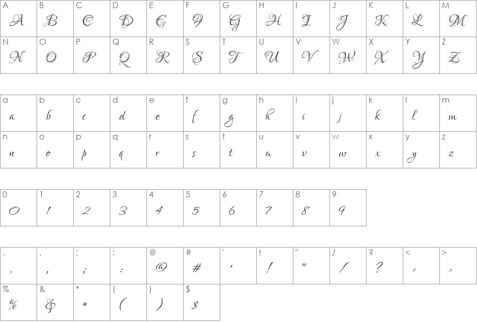 Lovers Quarrel font character map preview