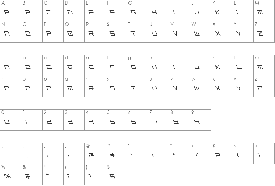 Low Gun Screen Leftalic font character map preview