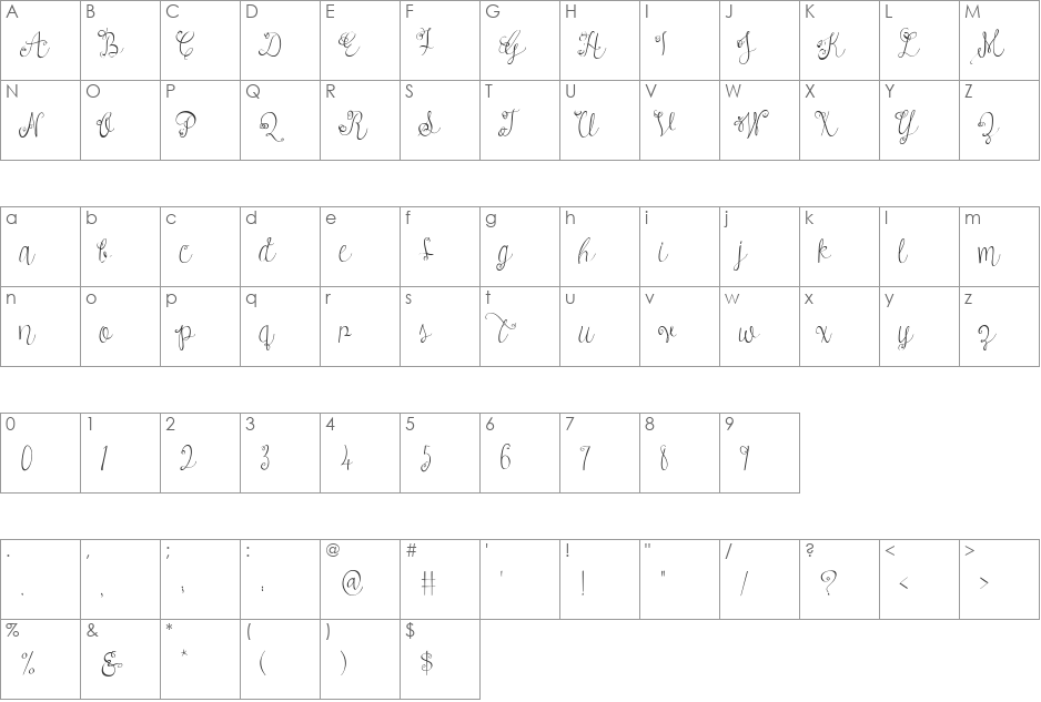 Austie Bost Versailles font character map preview