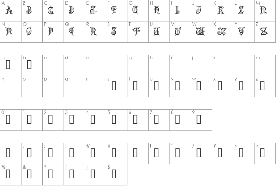 Lubna Caps font character map preview