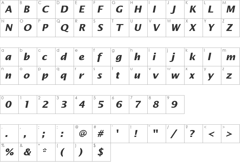 LucidaSans-BoldItalic font character map preview