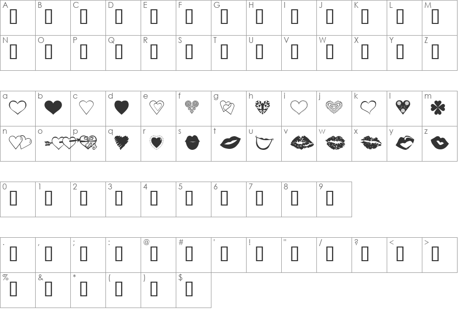 luv n kisses font character map preview