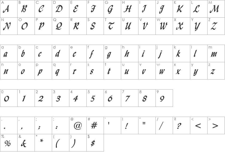 Lynda Cursive font character map preview