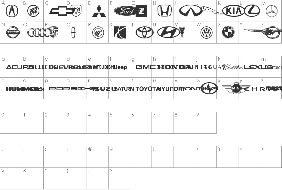 Auto Motive font character map preview