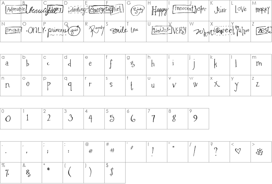 MA Flirty font character map preview