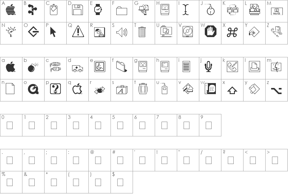 Mac Dingbats font character map preview