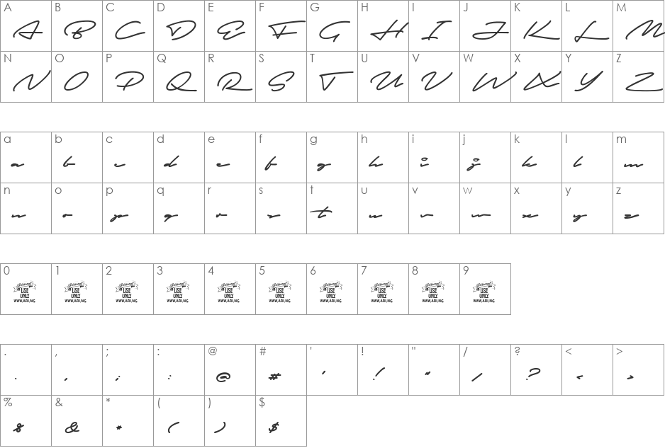 Autograf PERSONAL USE ONLY font character map preview