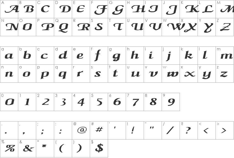 MaidenWordExtended font character map preview