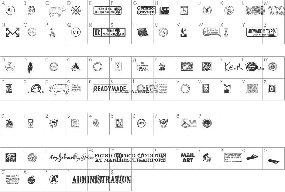 Mailart font character map preview