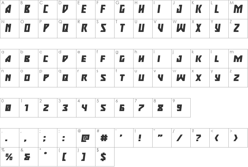 Major Force Expanded Italic font character map preview