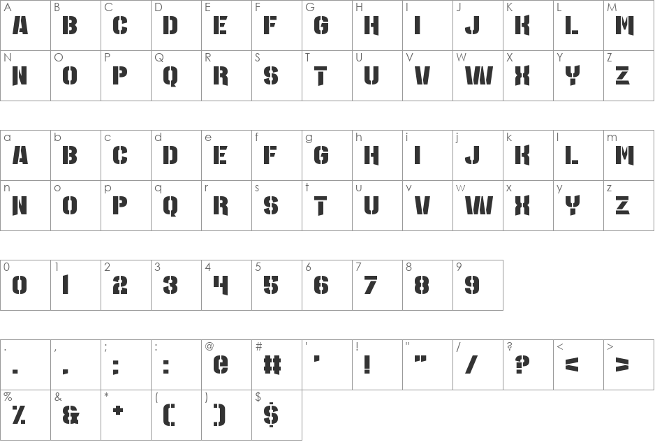 Major League Duty font character map preview