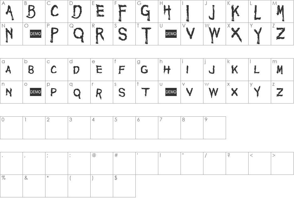 Maniac DEMO font character map preview