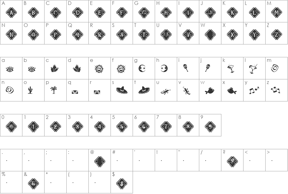 Maraca Extras font character map preview
