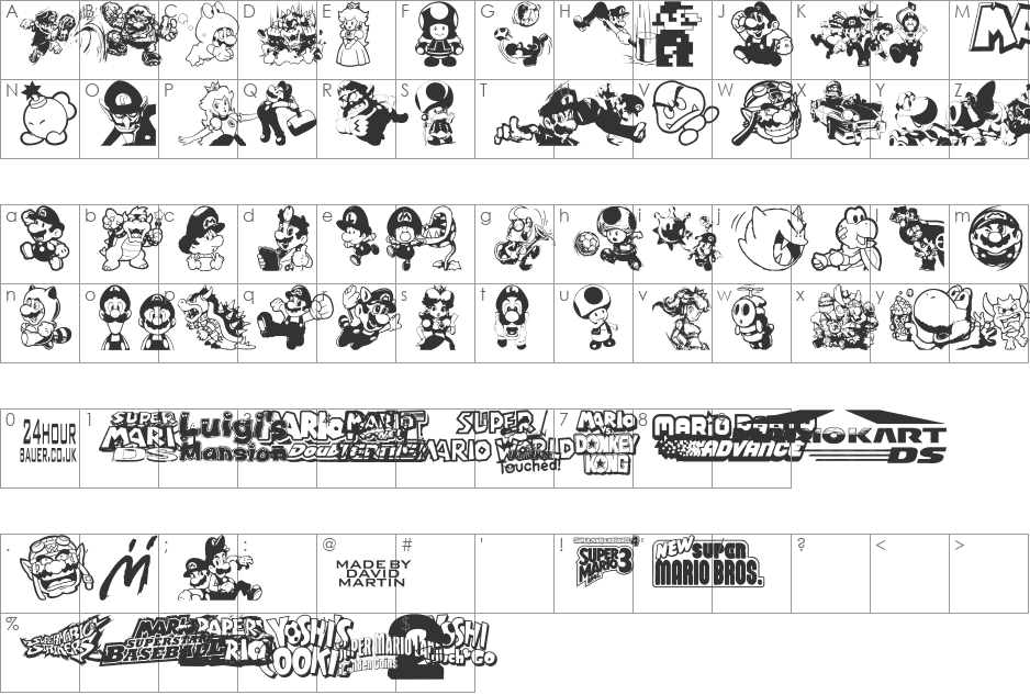 Mario and Luigi font character map preview