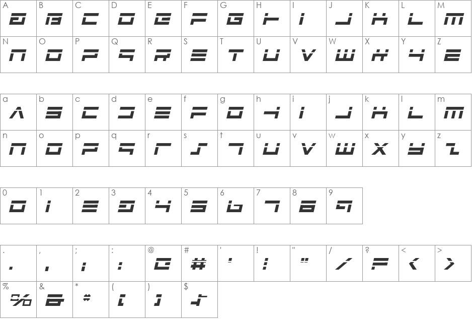 Avenger Laser Italic font character map preview
