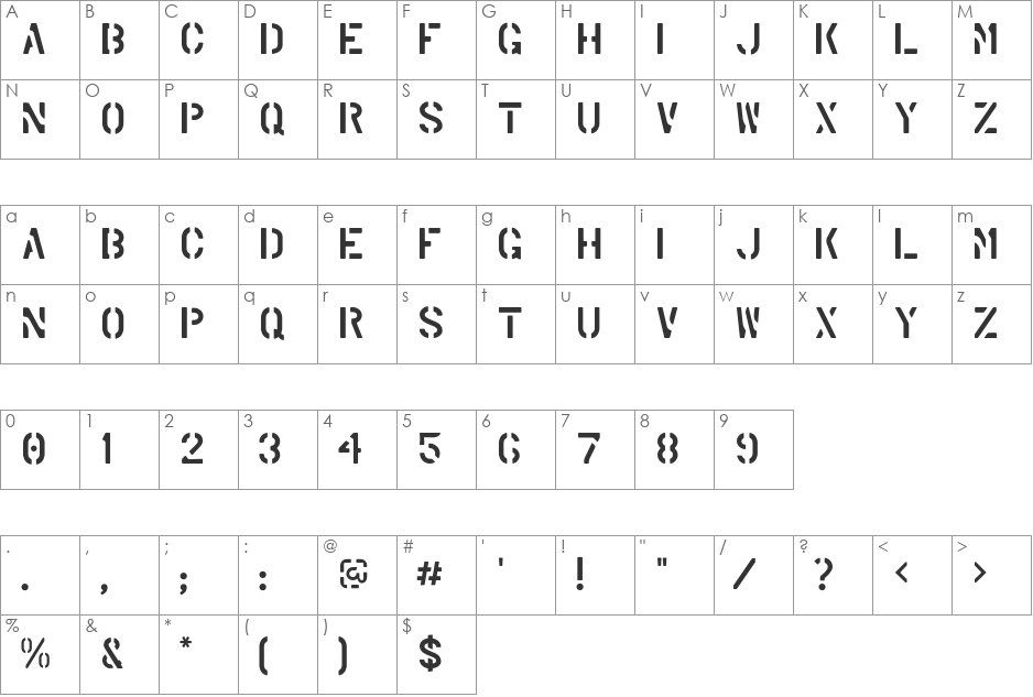 Marsh Stencil font character map preview